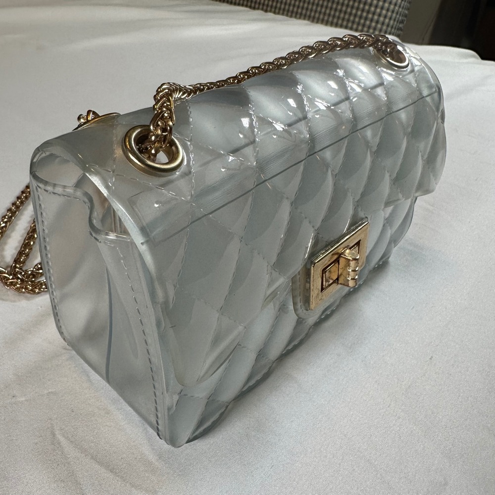 Clear Quilted Jelly Crossbody Mini Bag Shoulder Purse 6.25"x 4" Gold Chain Strap - Picture 3 of 10